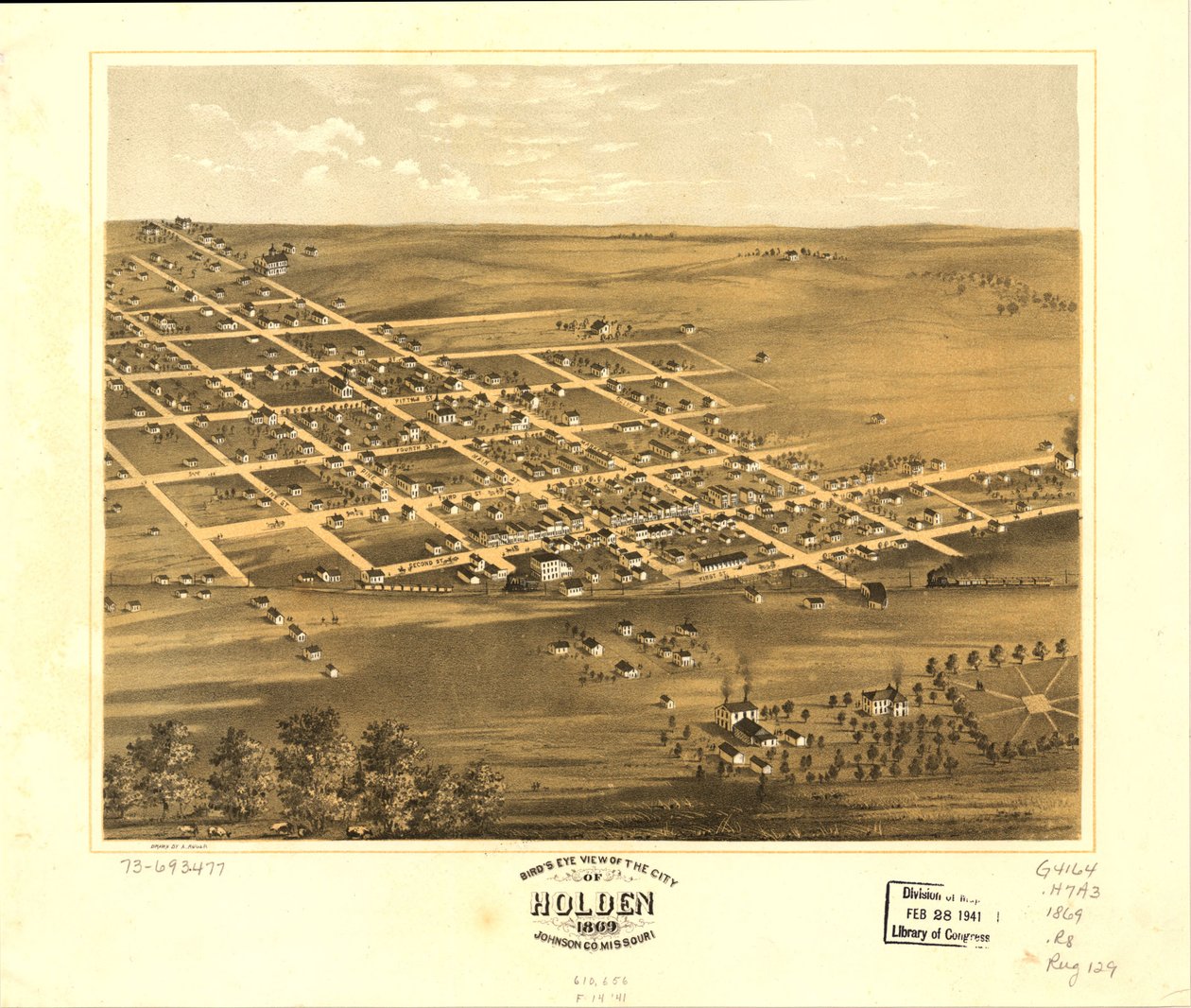Fågelperspektiv över staden Holden, Johnson Co, Missouri 1869. LOC 73693477 av A. Ruger