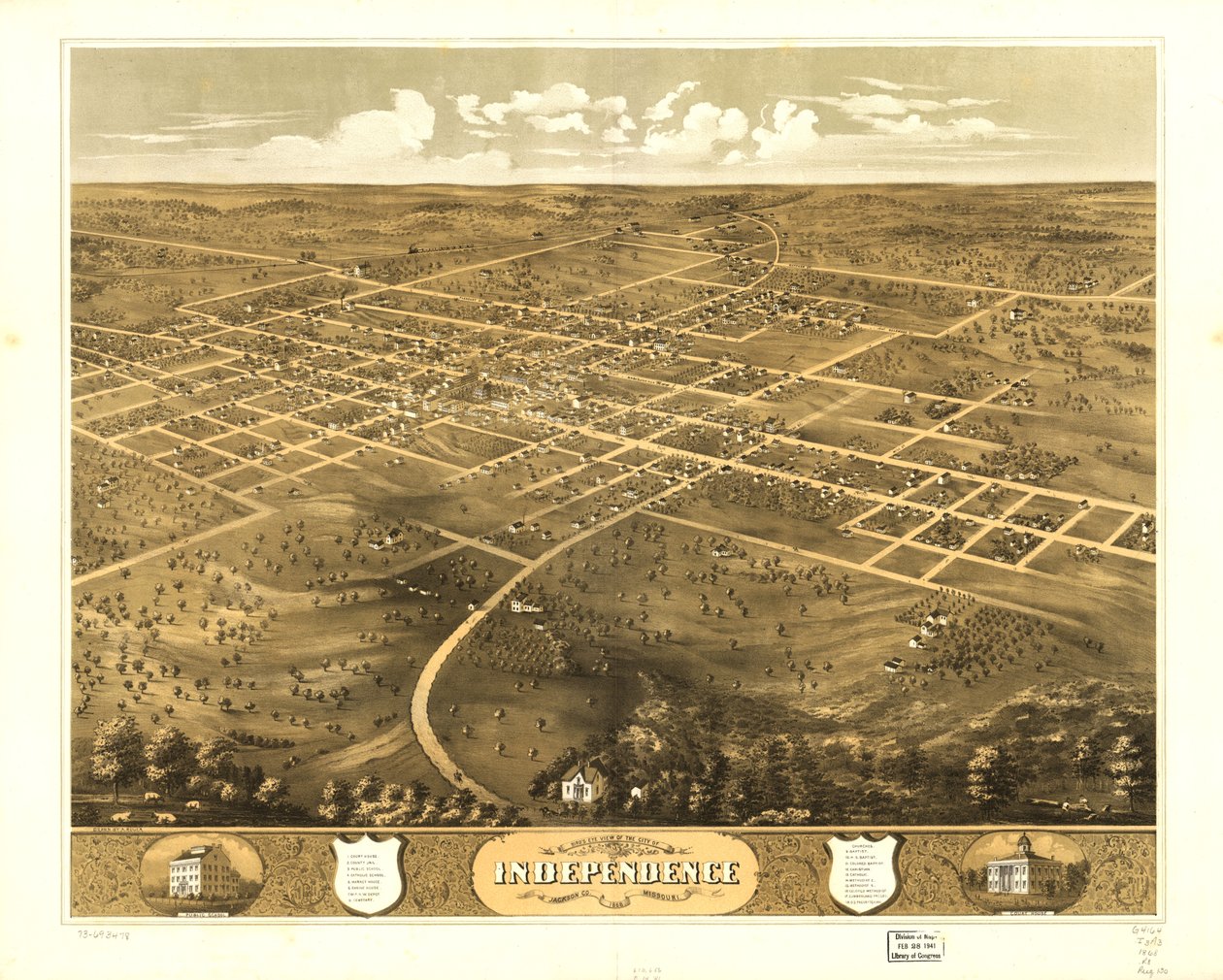 Fågelperspektiv över staden Independence, Jackson Co, Missouri 1868. LOC 73693478 av A. Ruger