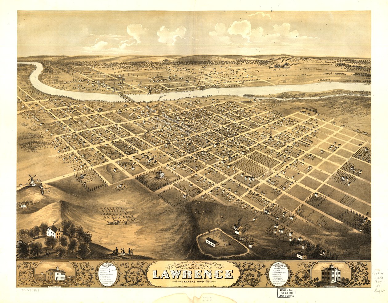 Fågelperspektiv över staden Lawrence, Kansas 1869. LOC 73693409 av A. Ruger