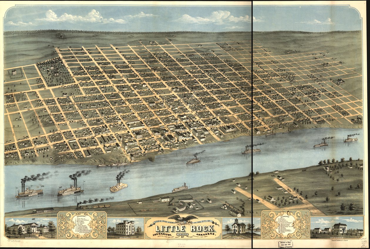 Fågelperspektiv över staden Little Rock, Arkansas huvudstad 1871. av A. Ruger
