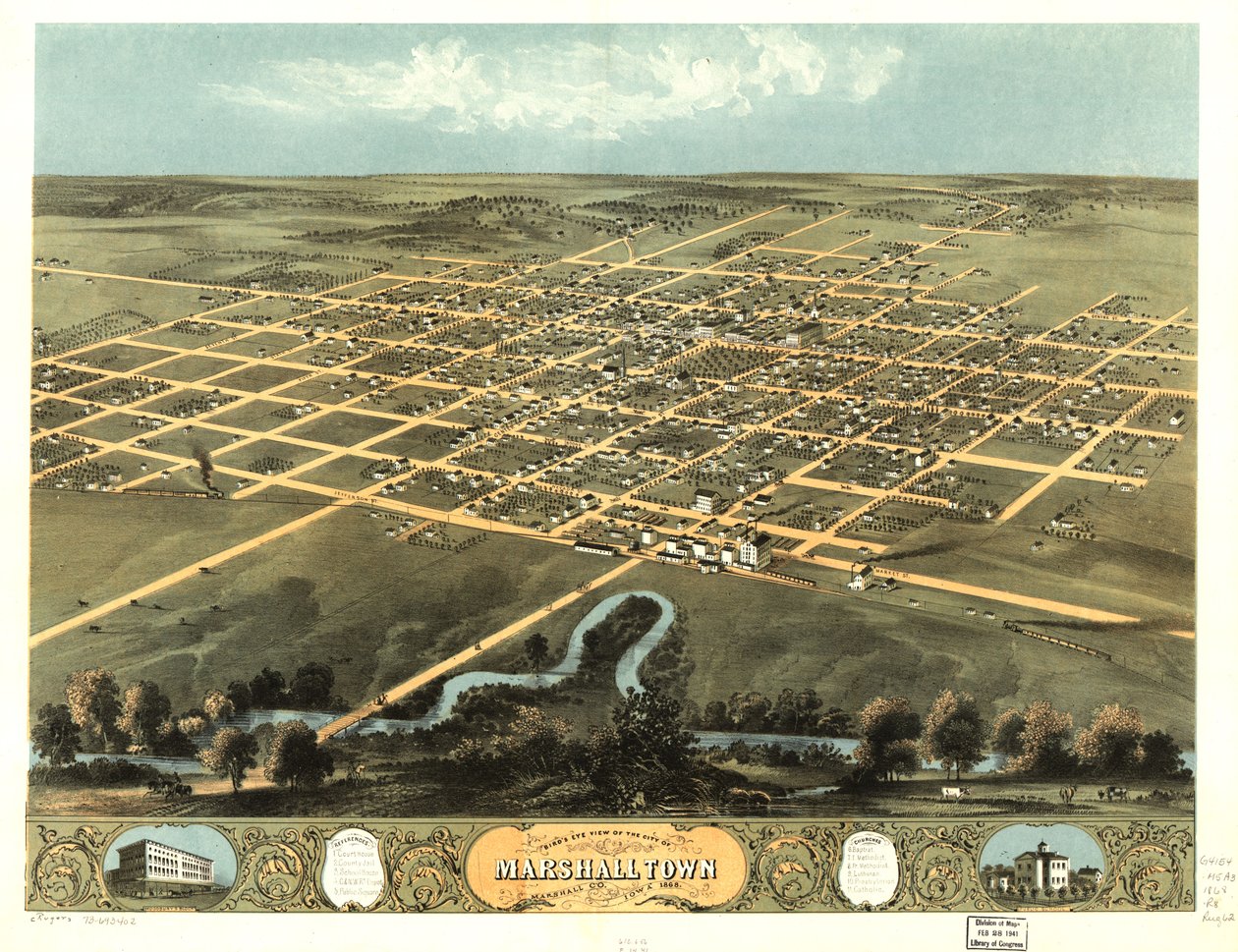 Fågelperspektiv över staden Marshalltown, Marshall Co, Iowa 1868. LOC 73693402 av A. Ruger