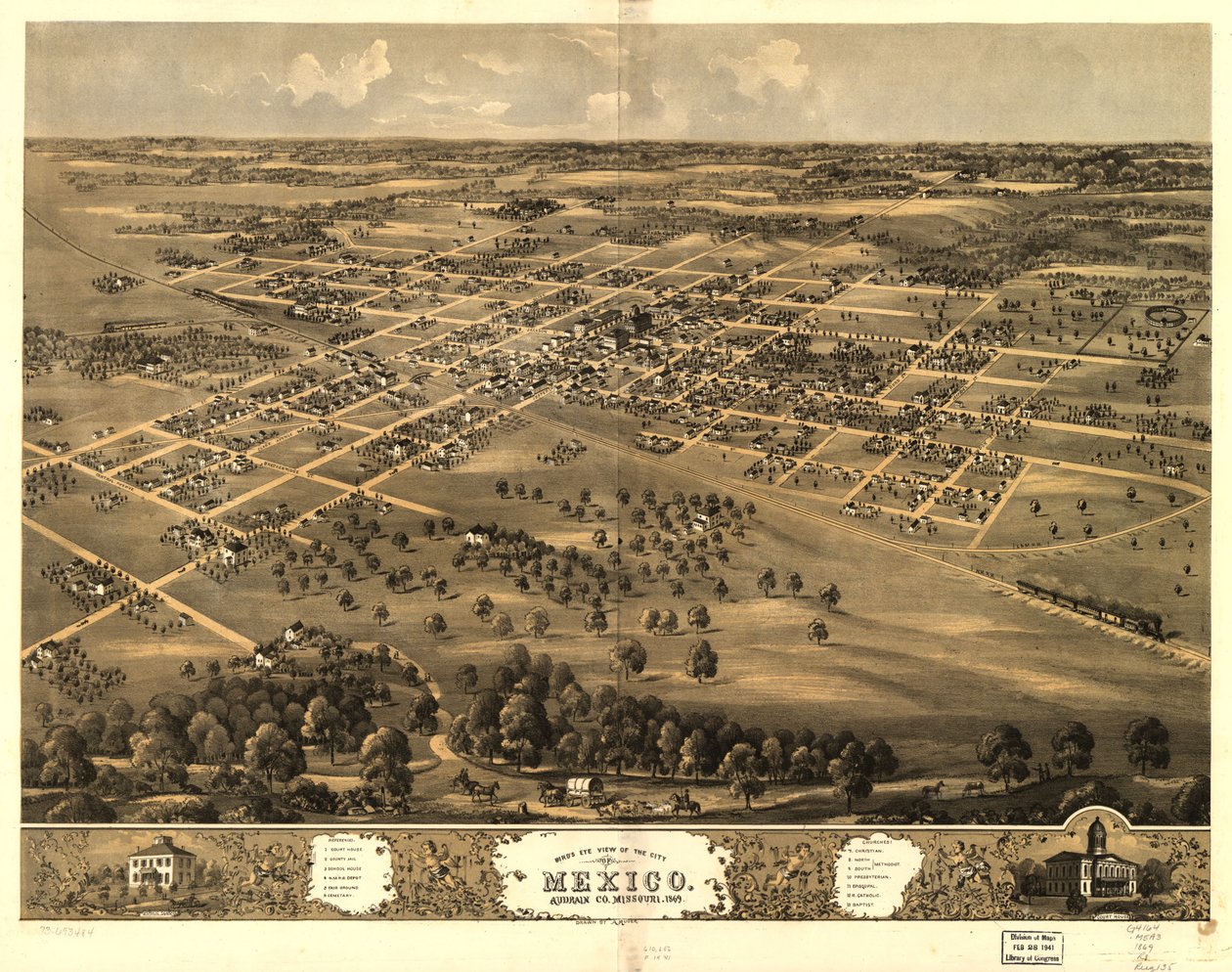 Fågelperspektiv över staden Mexico, Audrian Co, Missouri 1869. LOC 73693484 av A. Ruger