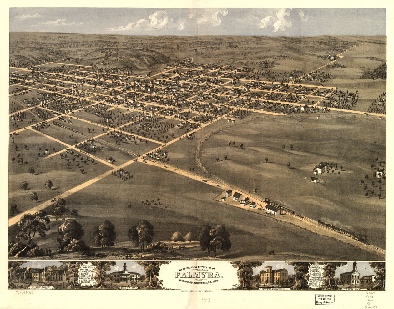 Fågelperspektiv över staden Palmyra, Marion Co, Missouri, år 1869. LOC 73693486 av A. Ruger