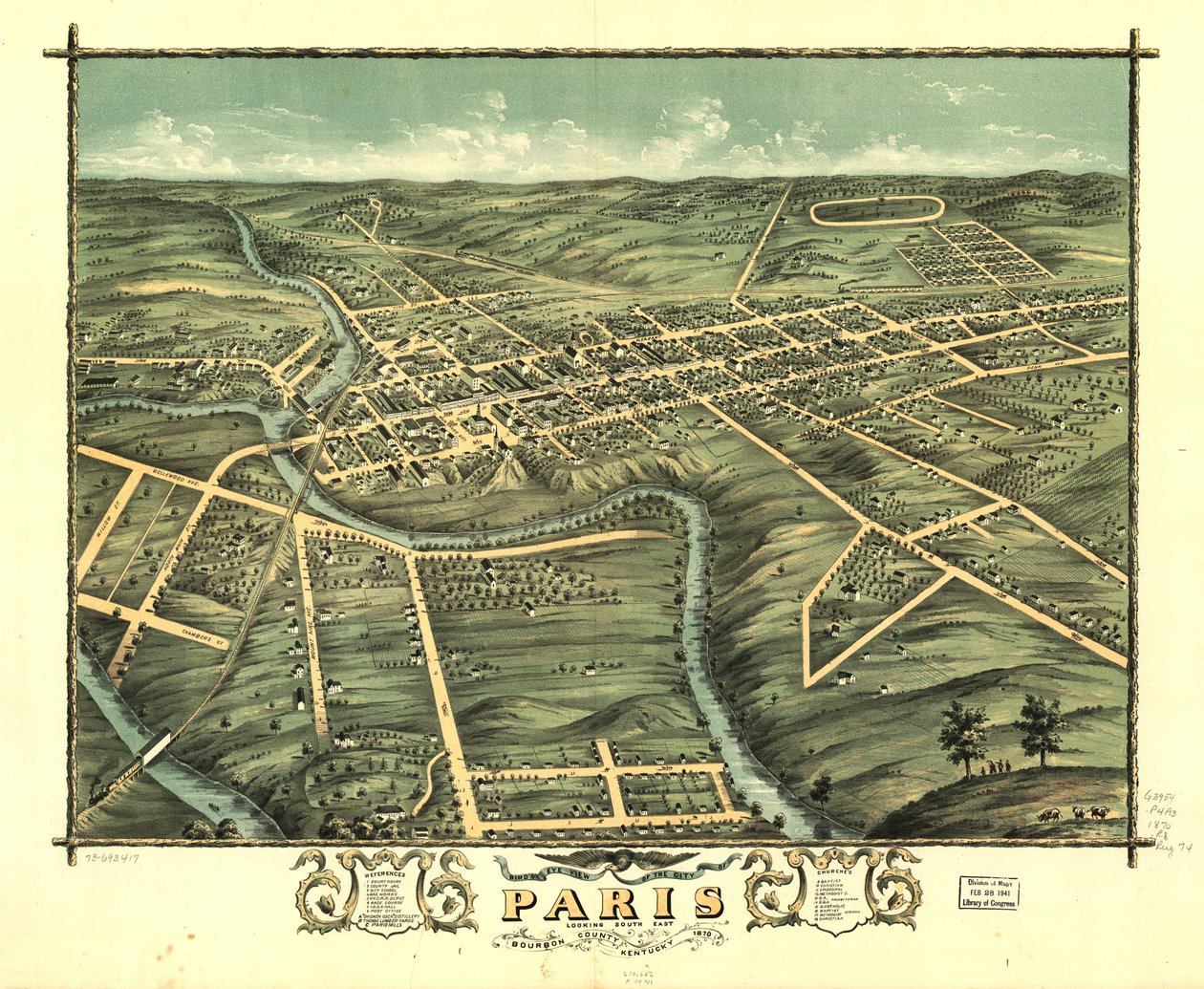 Fågelperspektiv över staden Paris, Bourbon County, Kentucky 1870. LOC 73693417 av A. Ruger