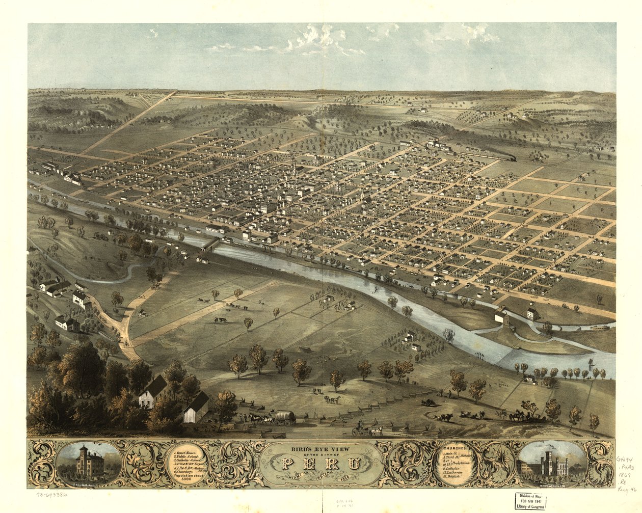 Fågelperspektiv över staden Peru, Miami Co, Indiana 1868. LOC 73693386 av A. Ruger
