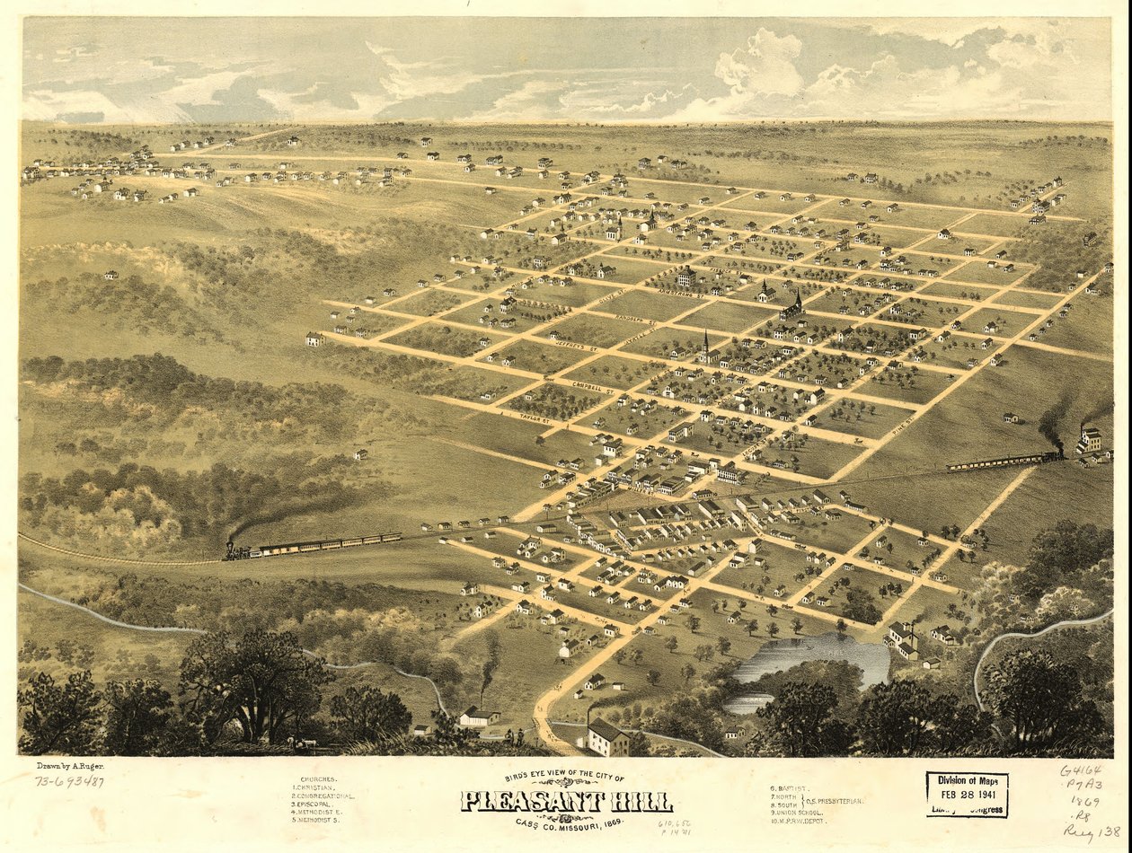 Fågelperspektiv över staden Pleasant Hill, Cass Co, Missouri 1869. LOC 73693487 av A. Ruger
