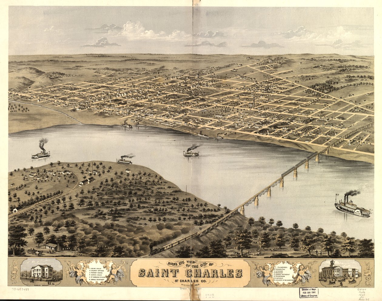 Fågelperspektiv över staden Saint Charles, St. Charles Co, Missouri 1869. LOC 73693488 av A. Ruger