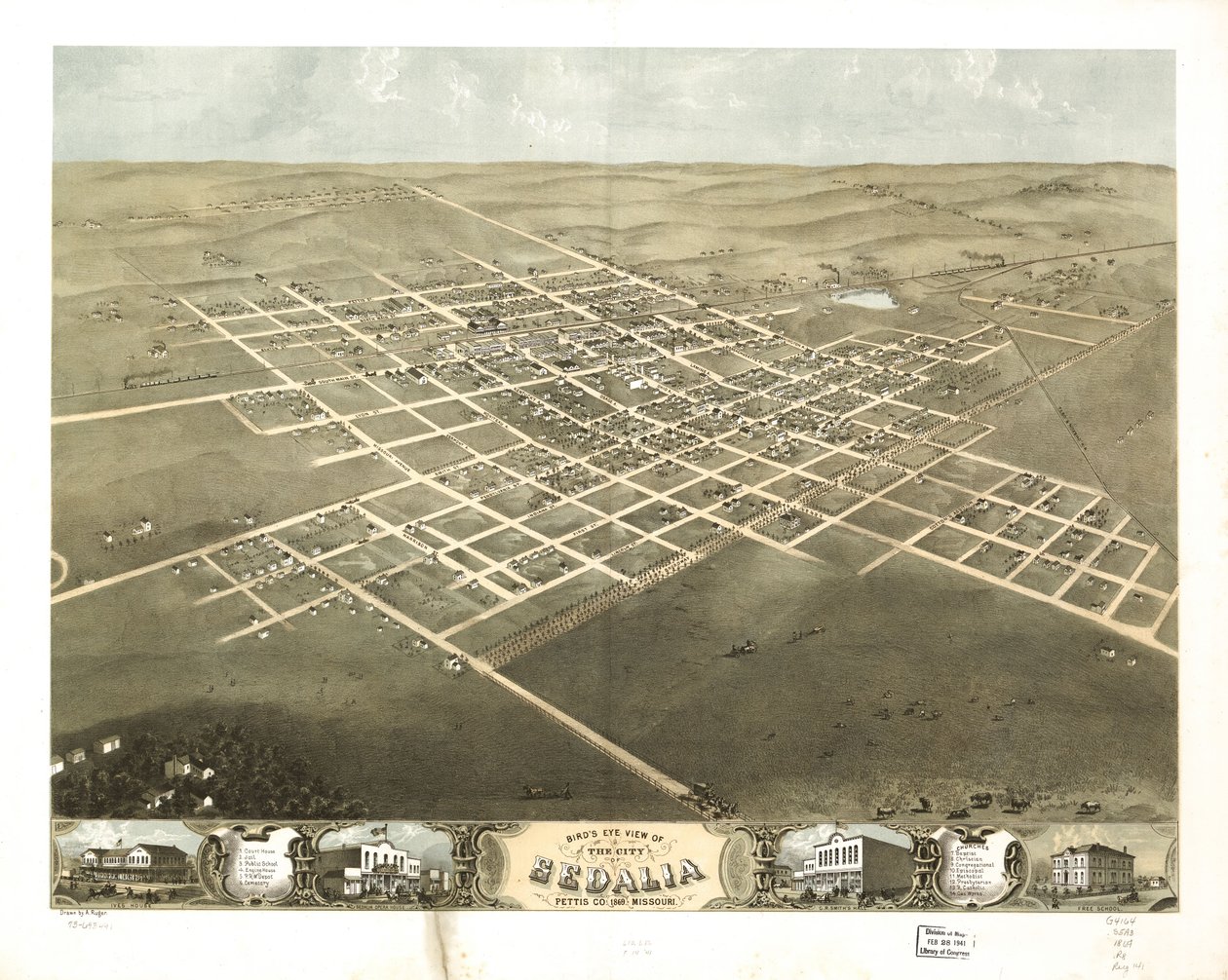 Fågelperspektiv över staden Sedalia, Pettis Co, Missouri 1869. LOC 73693491 av A. Ruger