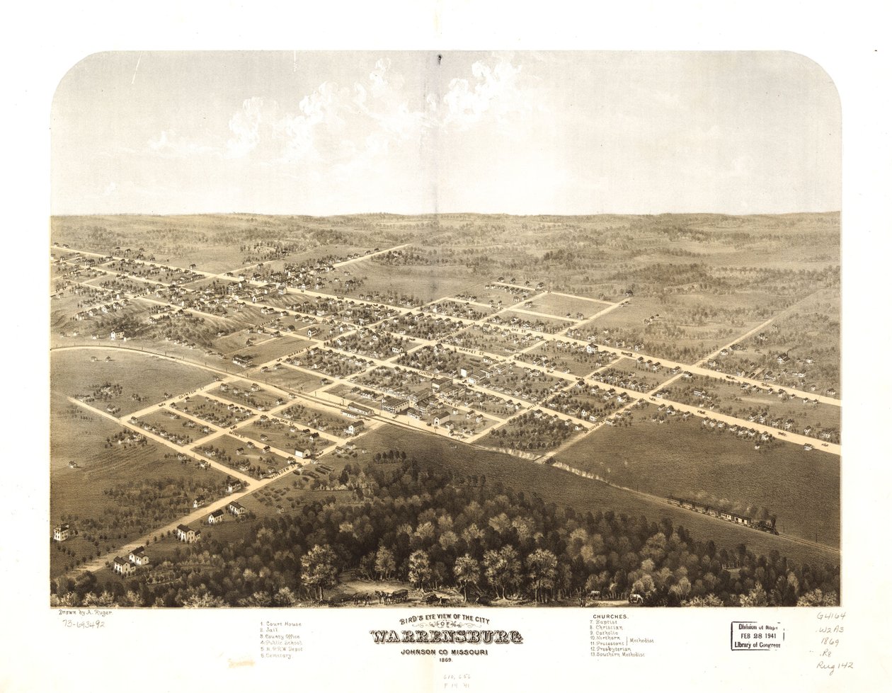 Fågelperspektiv över staden Warrensburg, Johnson Co, Missouri 1869. LOC 73693492 av A. Ruger