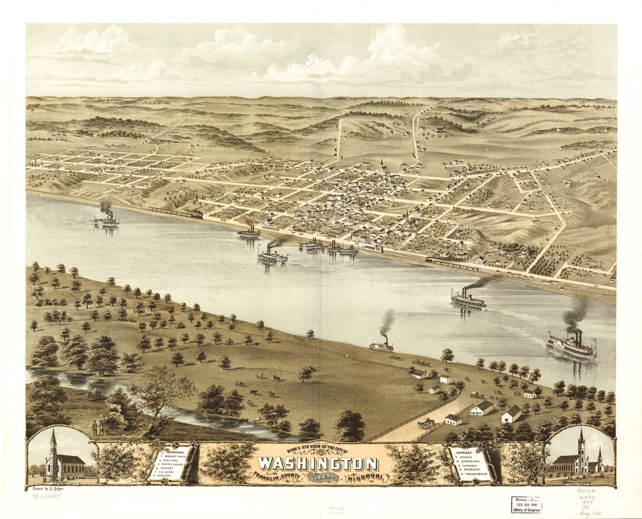Fågelperspektiv över staden Washington, Franklin County, Missouri 1869. LOC 73693493 av A. Ruger