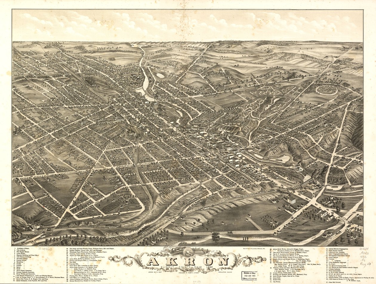 Panoramautsikt över staden Akron, Summit County, Ohio 1882 av A. Ruger Ruger