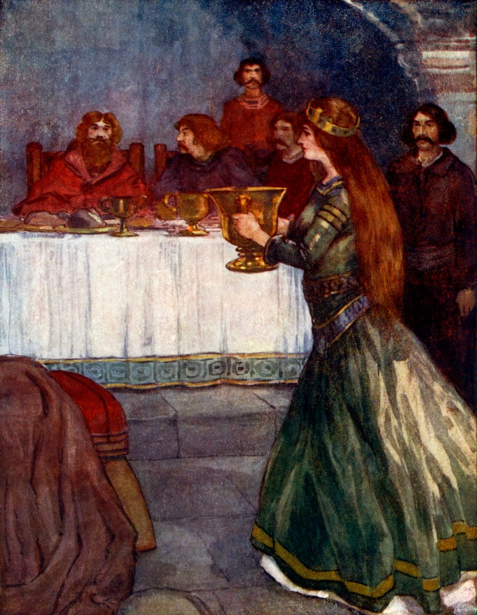 Rowena kom in i rummet med en vacker gyllene bägare, c430 AD, 1905 av A. S. Forrest