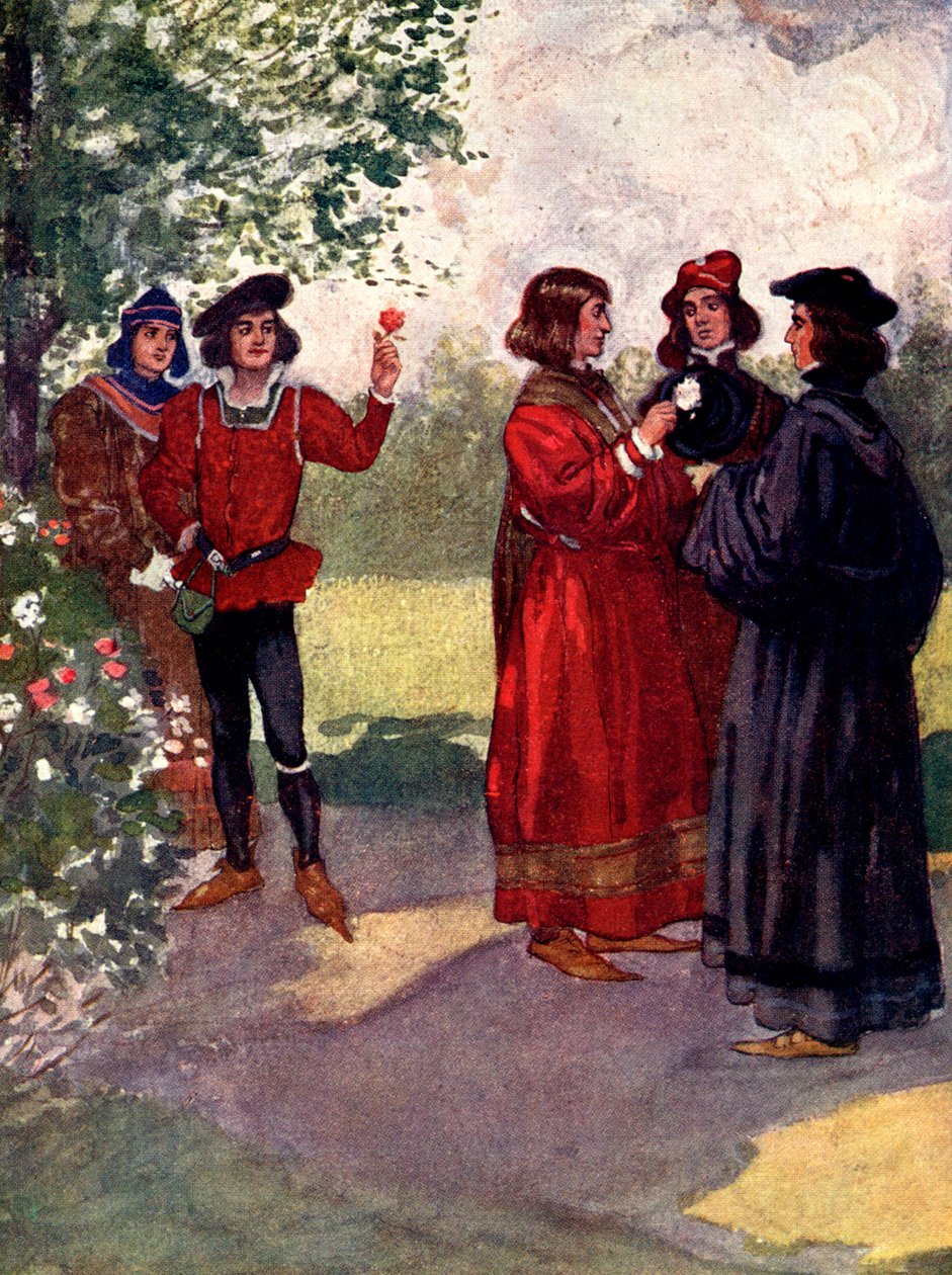 ...Adelsmännen plockade röda eller vita rosor och satte dem i sina mössor, 1400-talet, 1905. av A. S. Forrest