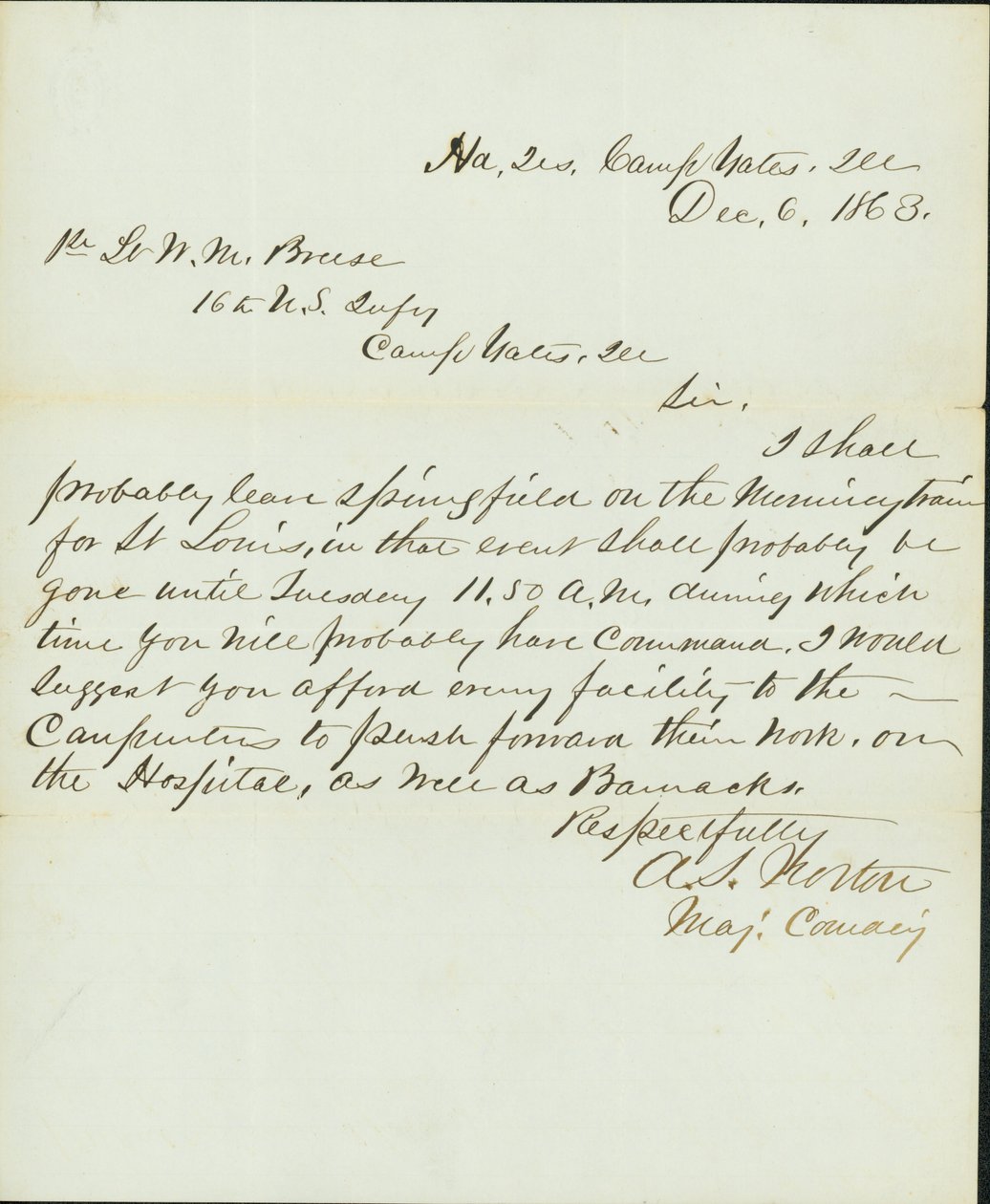Letter signed A.S. Norton, Major Commanding, Head Quarters, Camp Yates, Ill., to 1st Lieutenant W.M. Breese, 16th U. S. Infantry, Camp Gates, Ill., December 6, 1863 av A. S. Norton