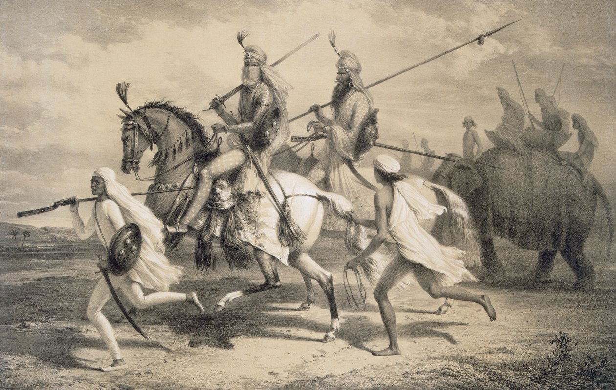 Sikhhövdingar som går på jakt, från "Voyages in India", pub. av Smith, Elder und Co., 1858 av A. Soltykoff