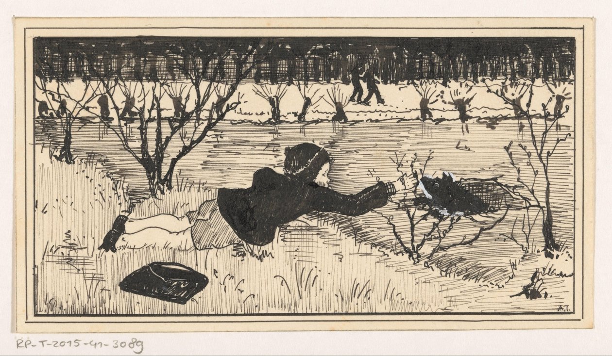 Flickan försöker rädda hunden från vaken av A. Tinbergen (signed by artist)