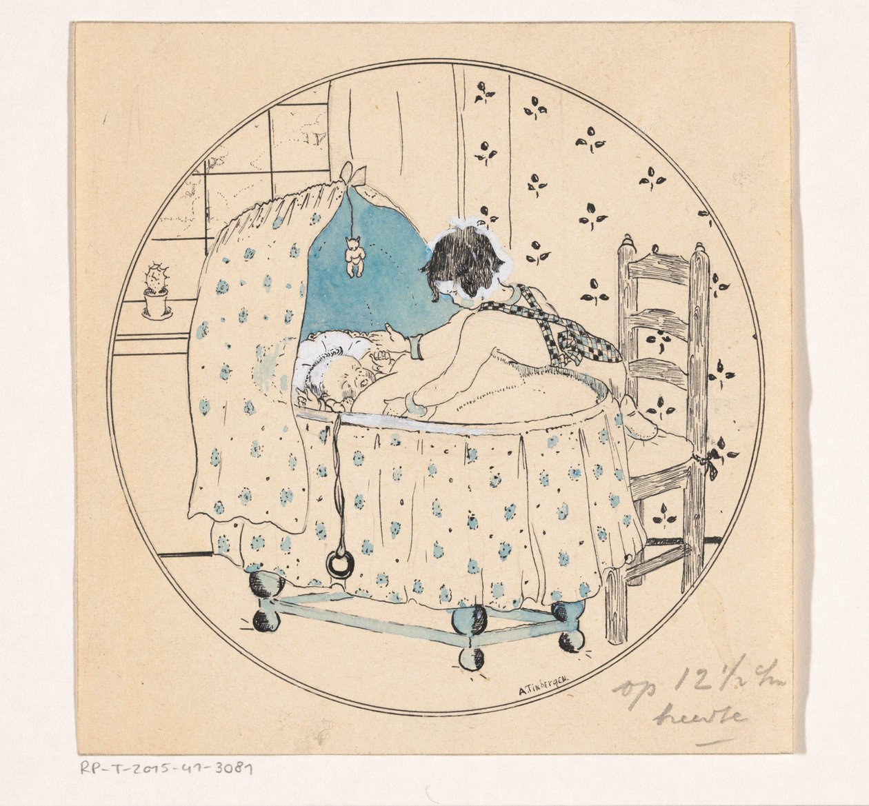 Flickan vill lyfta barnet ur spjälsängen av A. Tinbergen (signed by artist)