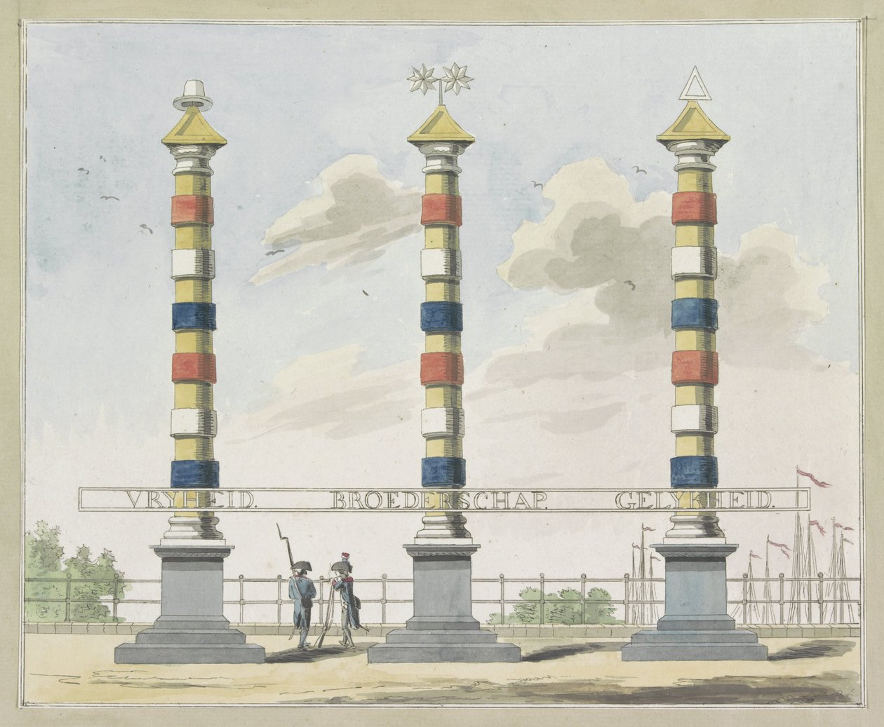 Frihet, brödraskap och jämlikhet, dekoration på Hogesluis, 1795 Tio plåtar av dekorationerna vid Alliantiefeest i Amsterdam 1795 av A. Verkerk
