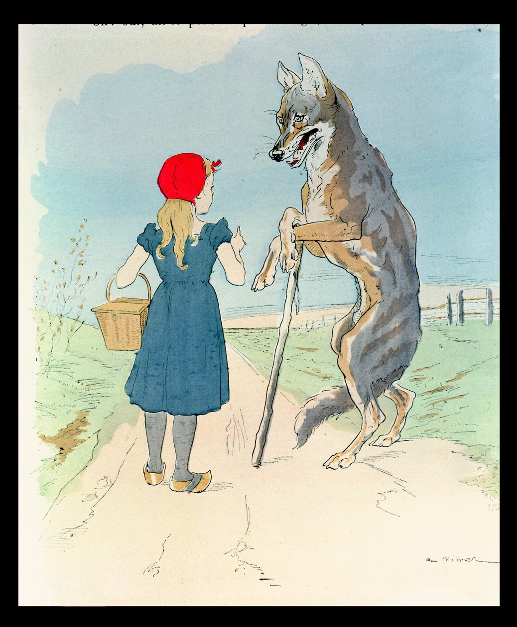 Illustration till "Rödluvan" av Charles Perrault (1628-1703) (färggravyr) av A. Vimar