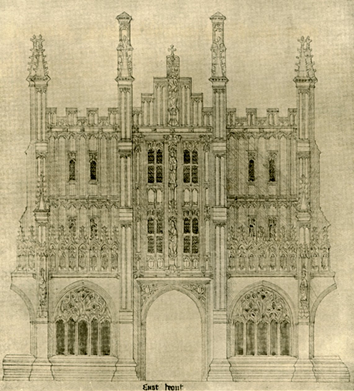 Arkitektonisk ritning: östfronten, 1833-1834, 1906. av A. W. N. Pugin