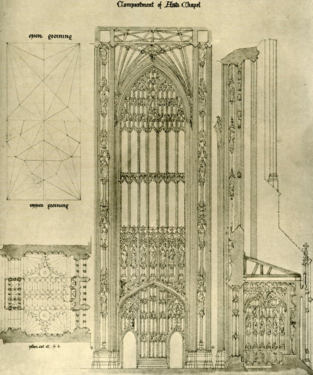 Arkitektonisk ritning: fack av Anti Chapel, 1833-1834, 1906. av A. W. N. Pugin