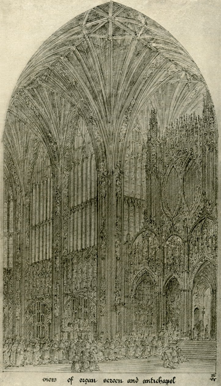 Arkitektonisk ritning: utsikt över orgelskärm och antikapel, 1833-1834, 1906. av A. W. N. Pugin