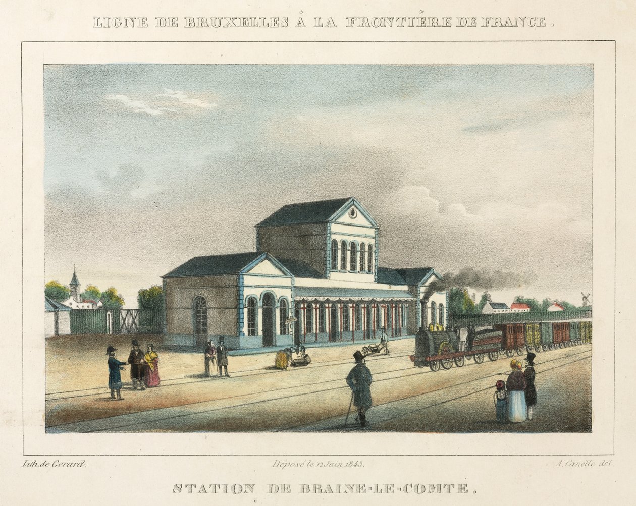 Braine-le-Comte Station, Belgien, graverad av Gerard, 1843 av A. after Canelle