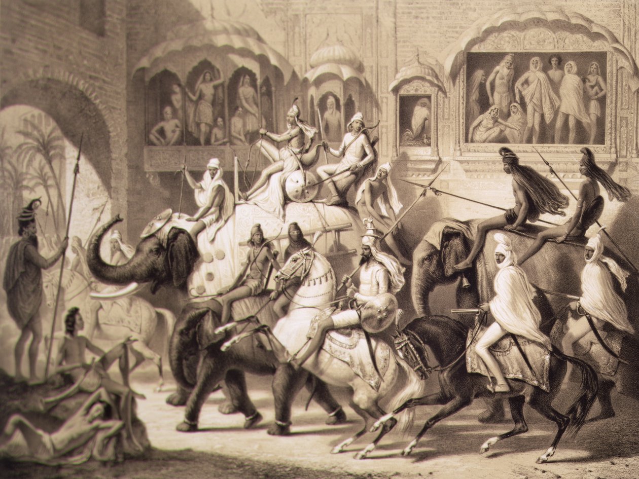 En gata i Lahore, från Voyage i Indien, graverad av Louis Henri de Rudder (1807-81) 1842 (tonad litho) av A. after Soltykoff