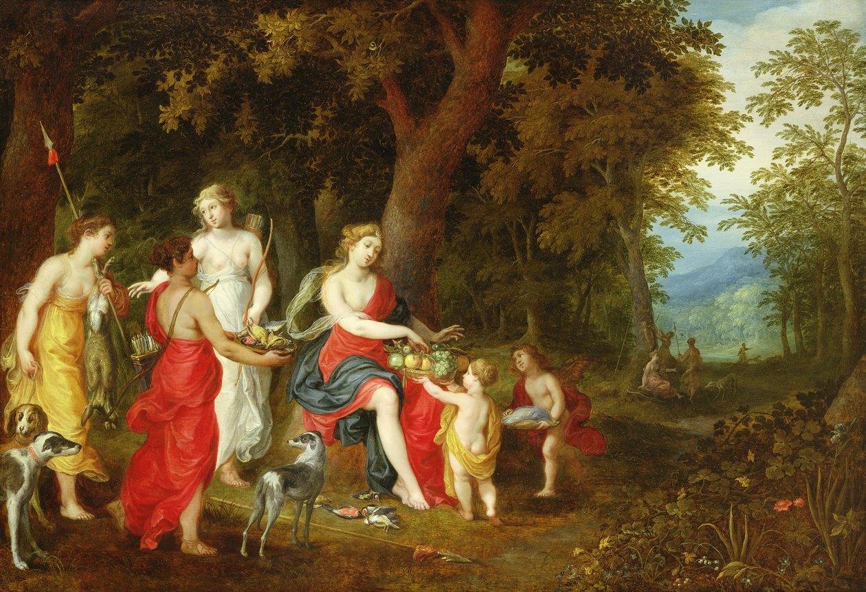 Diana och hennes jungfrur, efter jakten, 1626 av A. and Balen, H. van Govaerts