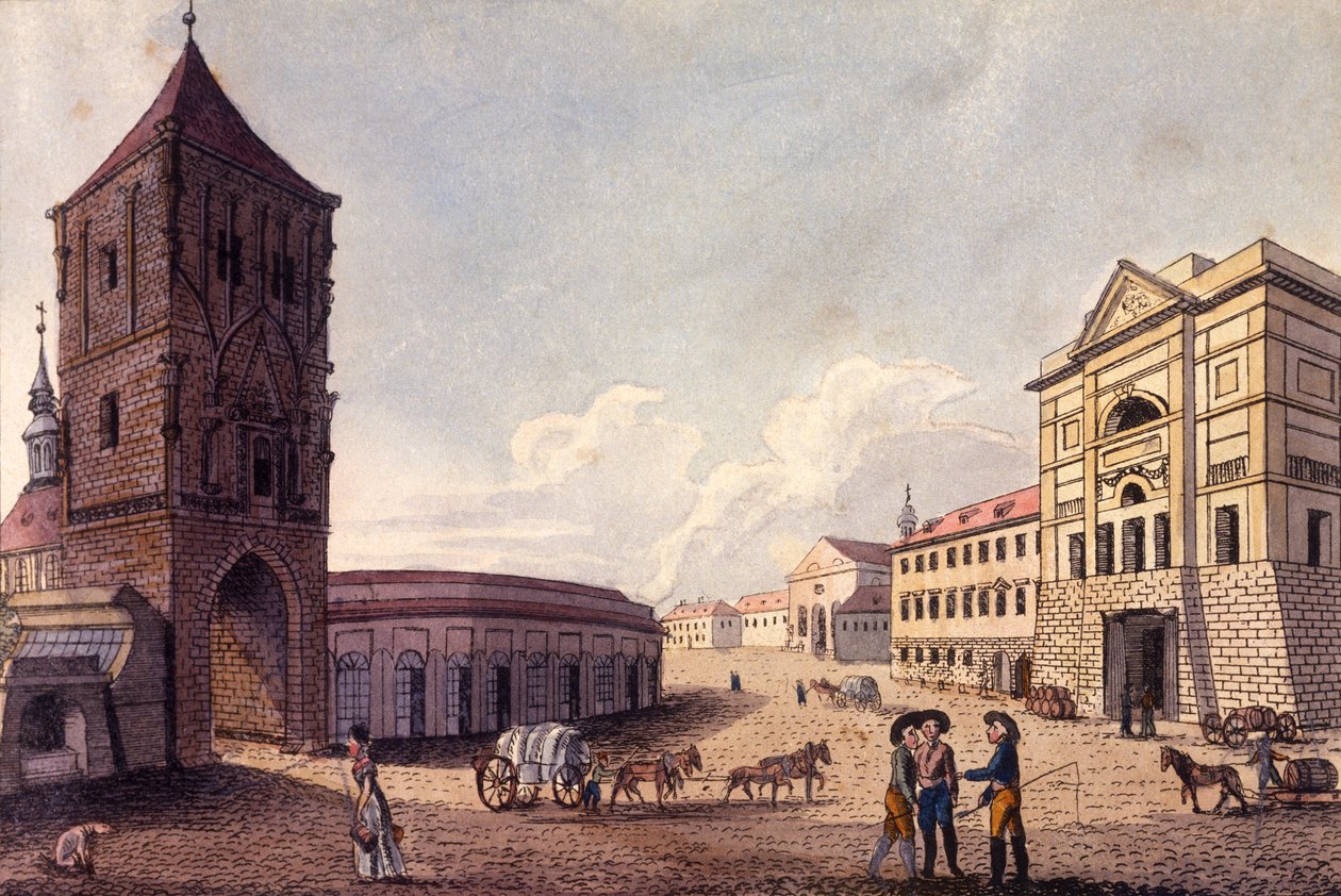 Powder Tower and Hybern Customs House, Prag, ca 1810 (färgad etsning) av A. and Berka, Johann Gustav