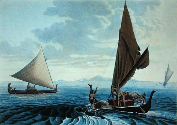 Utsikt över ön Tinian: Dugout-kanoter från Carolineöarna, från 