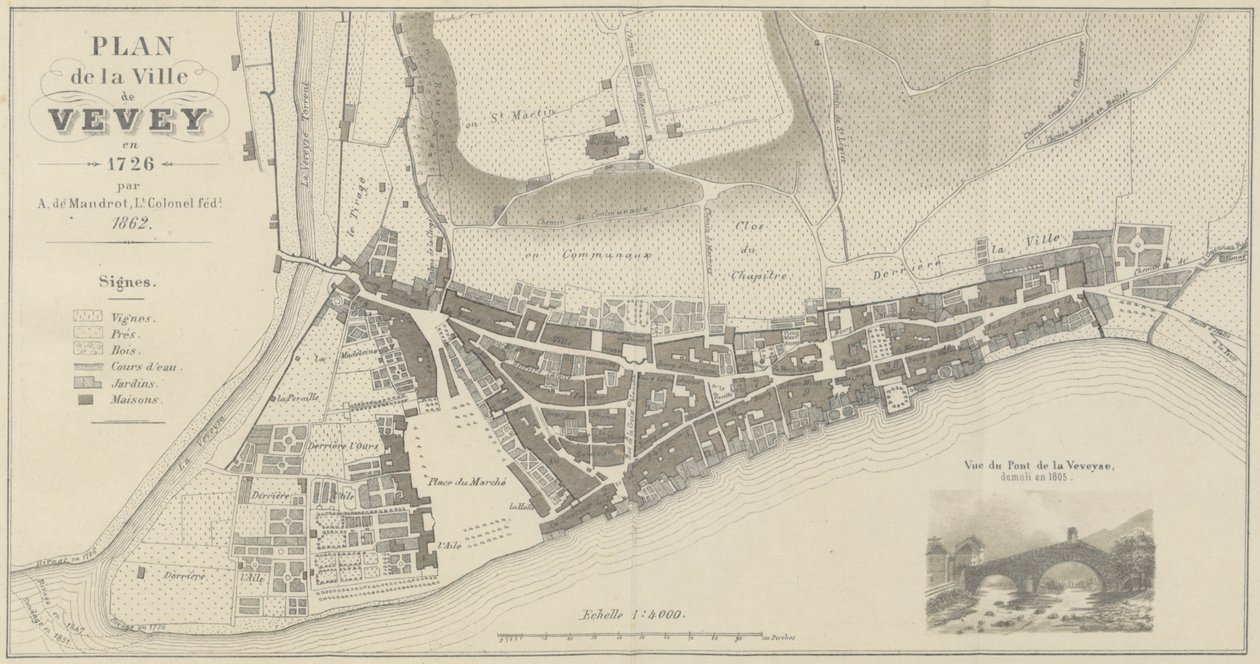 Karta över staden Vevey 1726 av A. de Mandrot