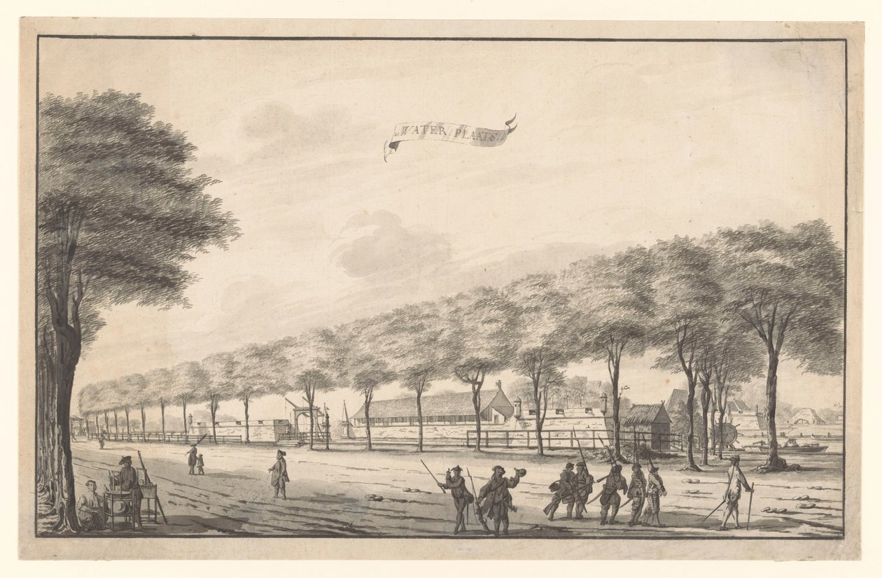 Utsikt över Fort de Waterplaats på Molenvliet i Batavia Vattenhål (titel på objekt) av A. de Nelly (possibly)