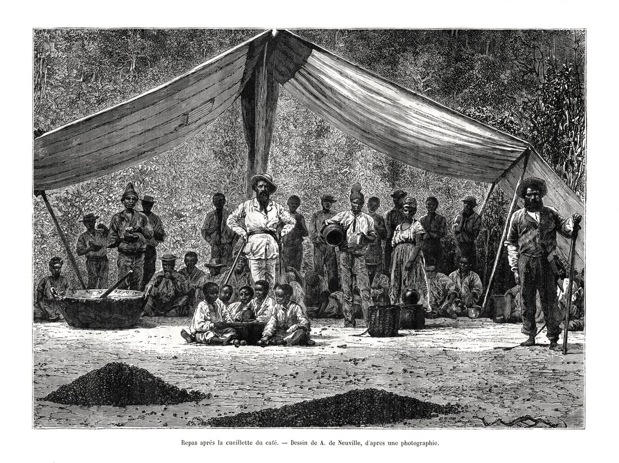 En måltid efter kaffesamlingen, Brasilien, 1800-talet av A. de Neuville