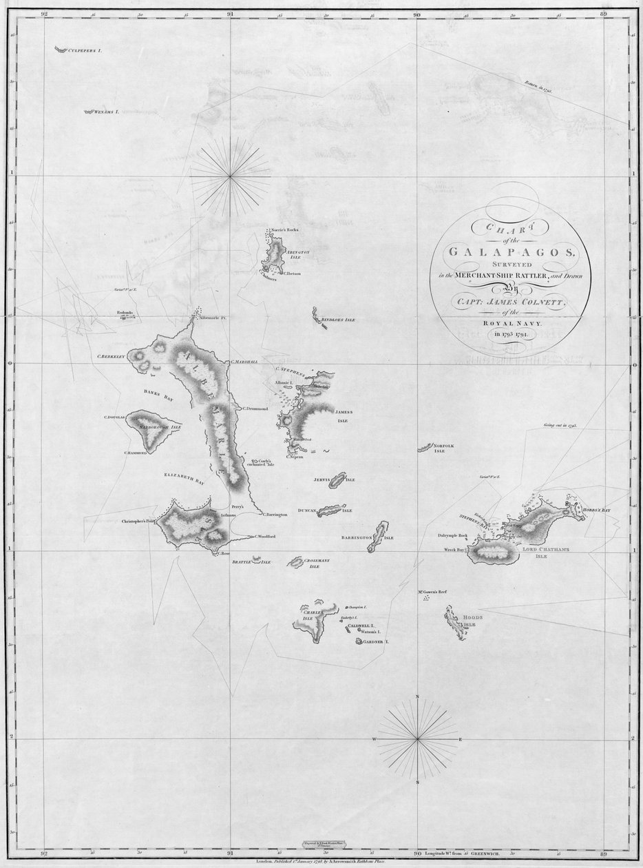 Diagram över Galapagos, undersökt i handelsfartygets skramlare av Aaron Arrowsmith