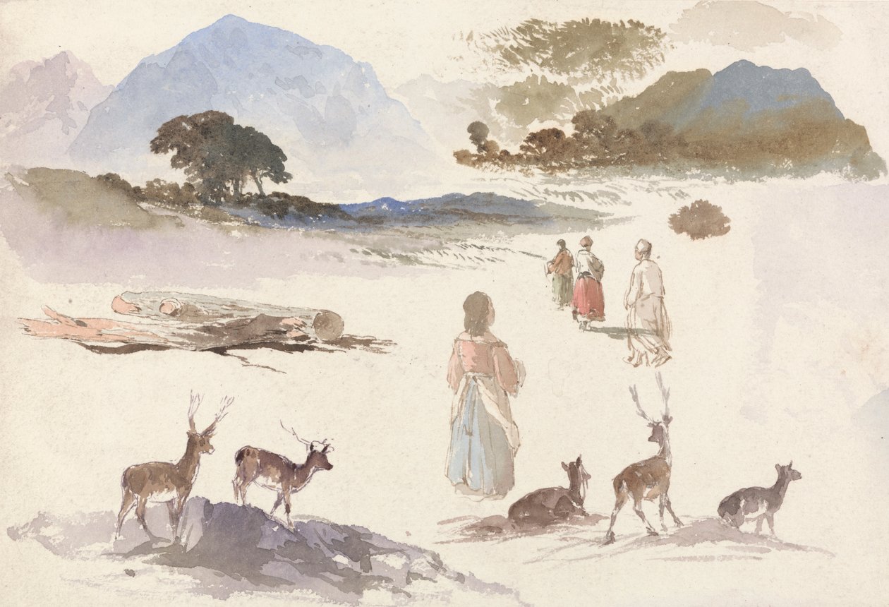 Ark med studier av rådjur, figurer och landskap av Aaron Edwin Penley