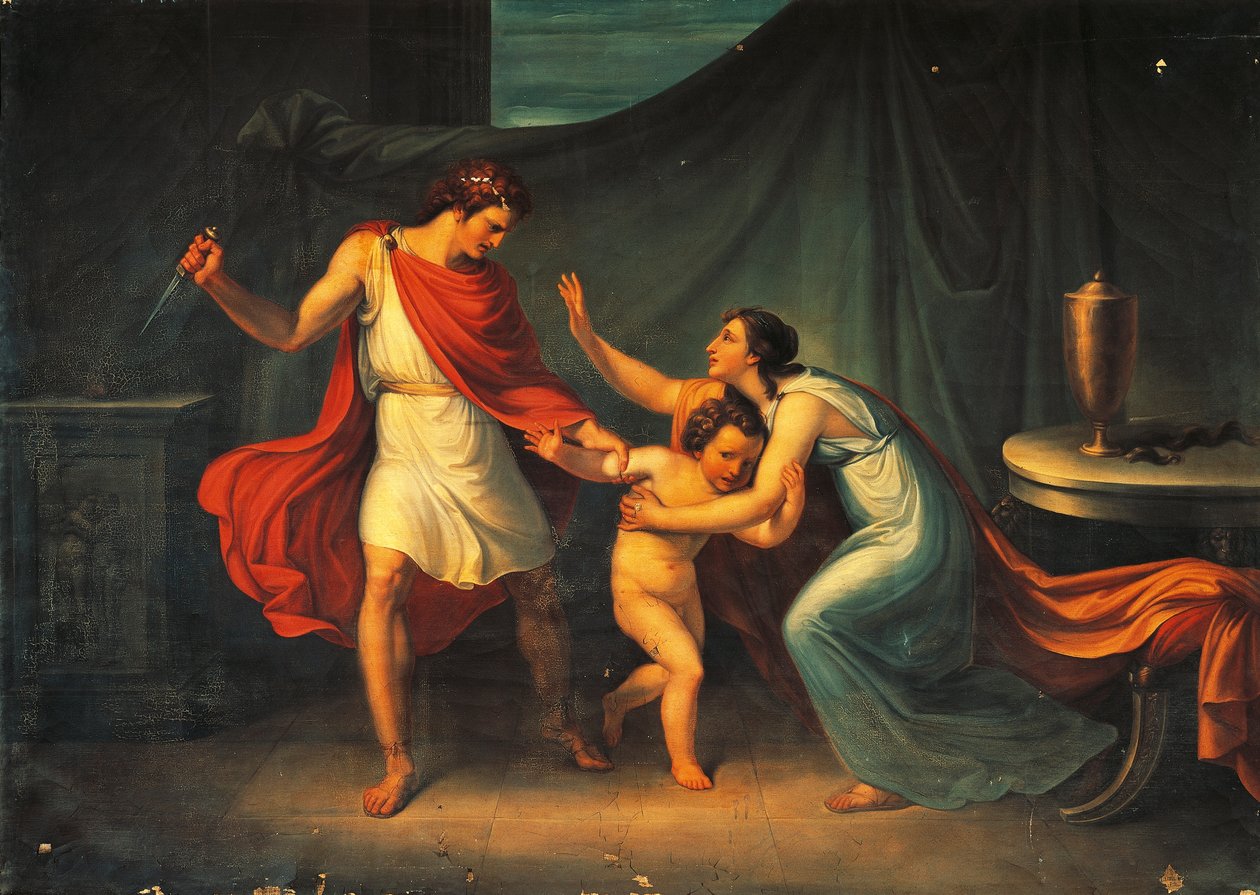 Pyrrhus hotar livet på lilla Astyanax av Abbondio Bagutti