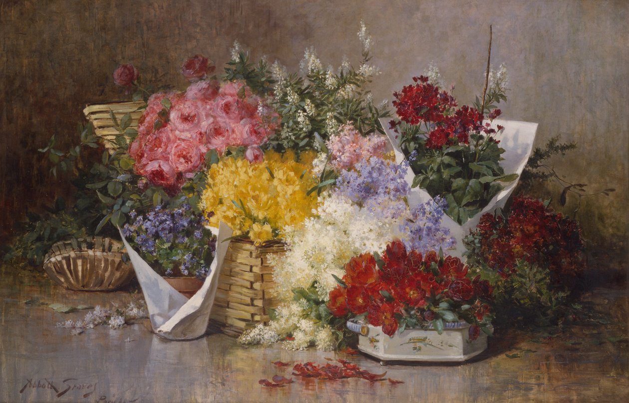 Blommigt stilleben (olja på duk) av Abbott Fuller Graves