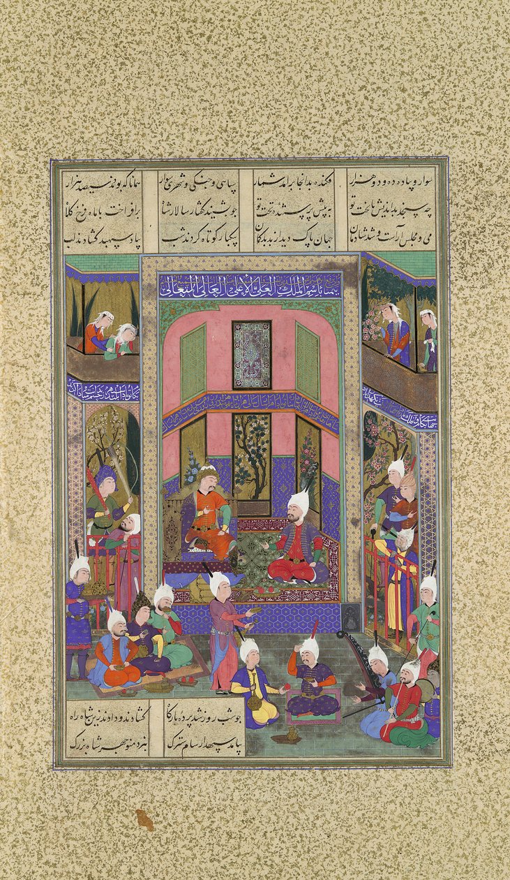 Manuchihr välkomnar Sam men beordrar krig mot Mihrab, Folio 80v från Shahnama..., c.1525. av 