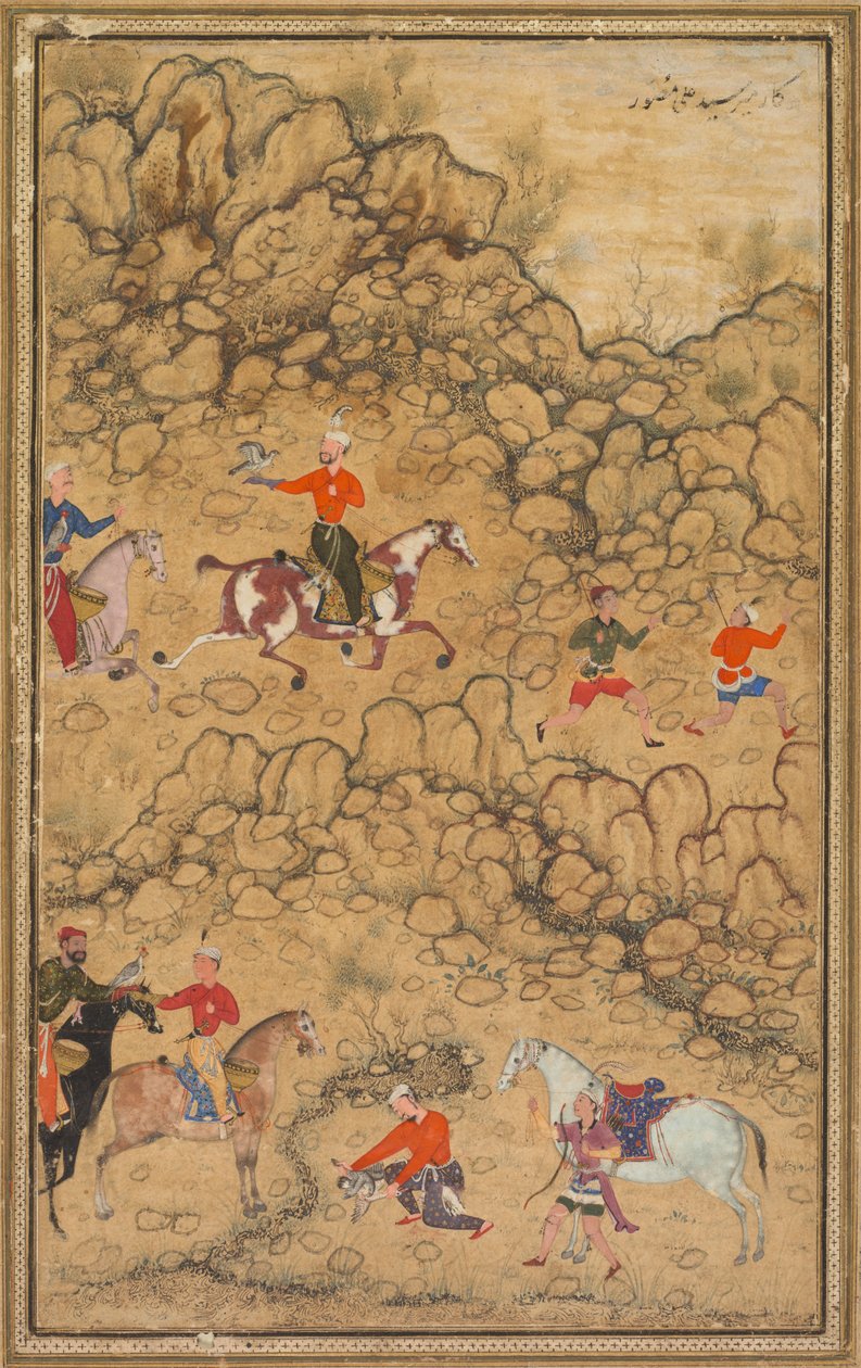 Jakt med falkar i ett landskap, Verso: Kalligrafi av Chaghatai turkiska dikter..., ca. 1558-60. av Abd al Samad