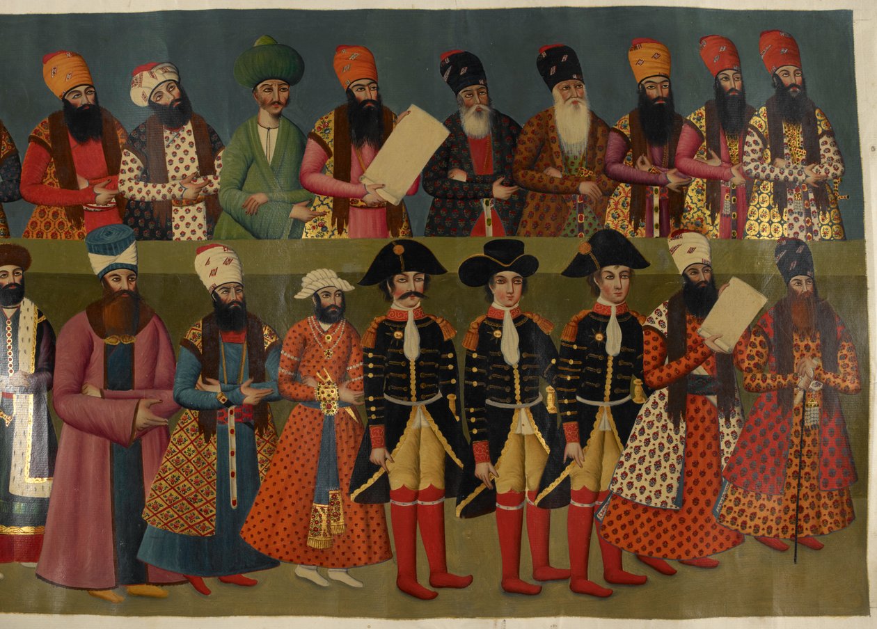 Lägg till Or. 1241 Court of Fath Ali Shah med brittiska sändebuden Sir John Malcolm, Sir Harford Jones Brydges och Sir Gore Ouseley. Delvis bild av väggmålningen på Nigaristan Palace av Abdallah (after) Khan