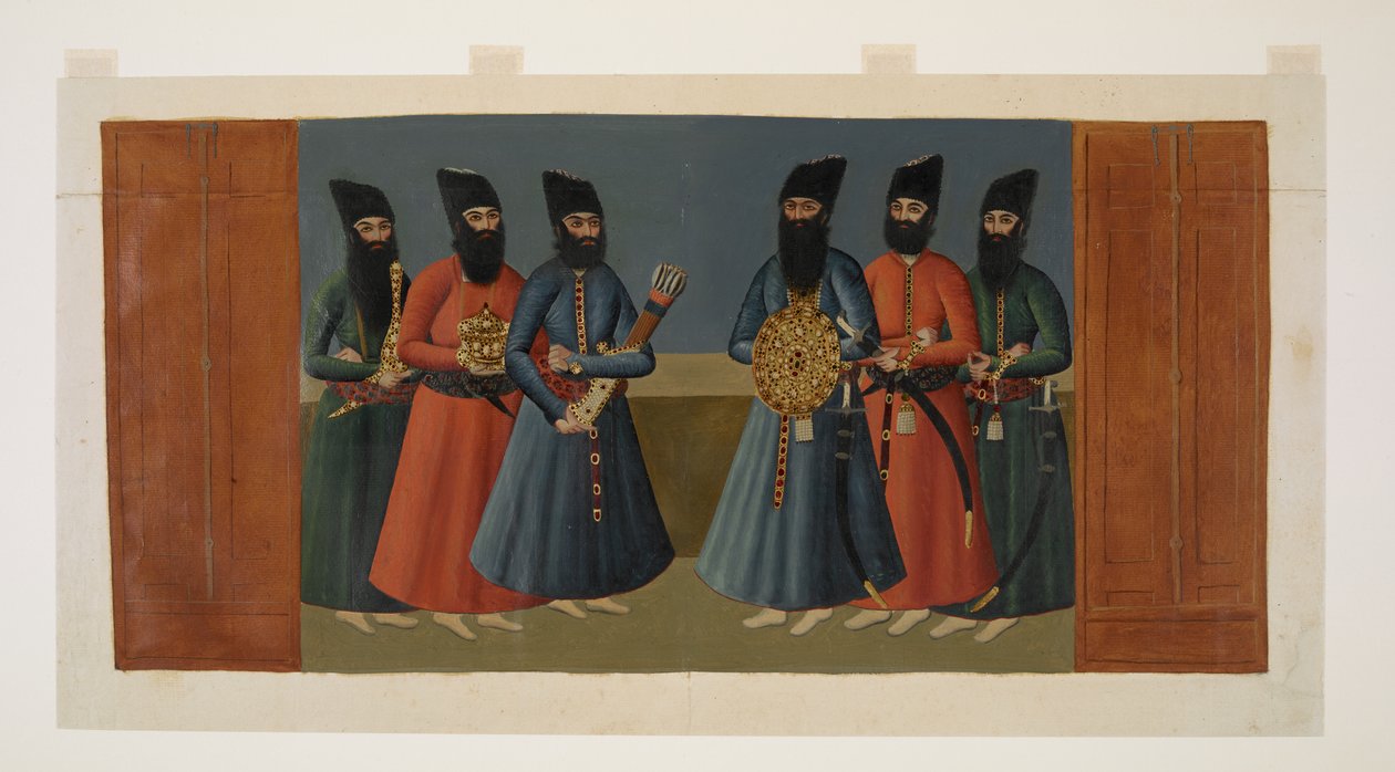 Lägg till Or. 1242 "Ghulamerna" som bär shahens sköld, koger och andra kungliga tillbehör, detalj från "Reducerad kopia av väggmålningen på Nigaristan Palace" av Abdallah (after) Khan