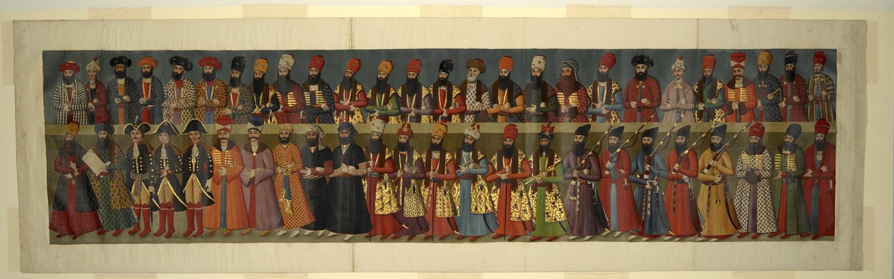 Eller. 1242 Kopia av den stora väggmålningen i Nigaristan Palace. Court of Fath Ali Shah med brittiska sändebuden Sir John Malcolm, Sir Harford Jones Brydges och Sir Gore Ouseley av Abdallah (after) Khan