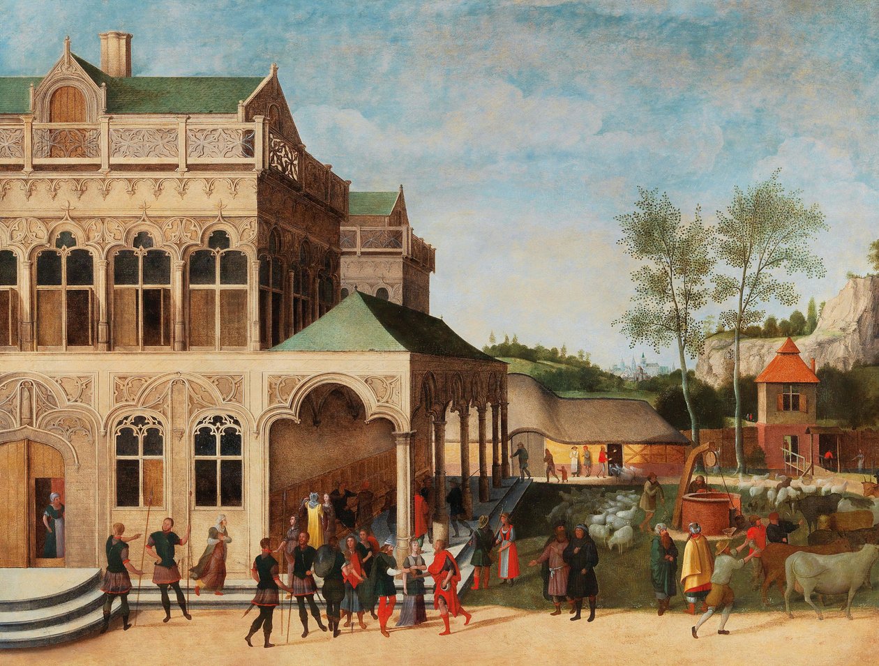 En elegant loggia med Isaacs förslag till Rebecca, 1616. av Abel Grimmer
