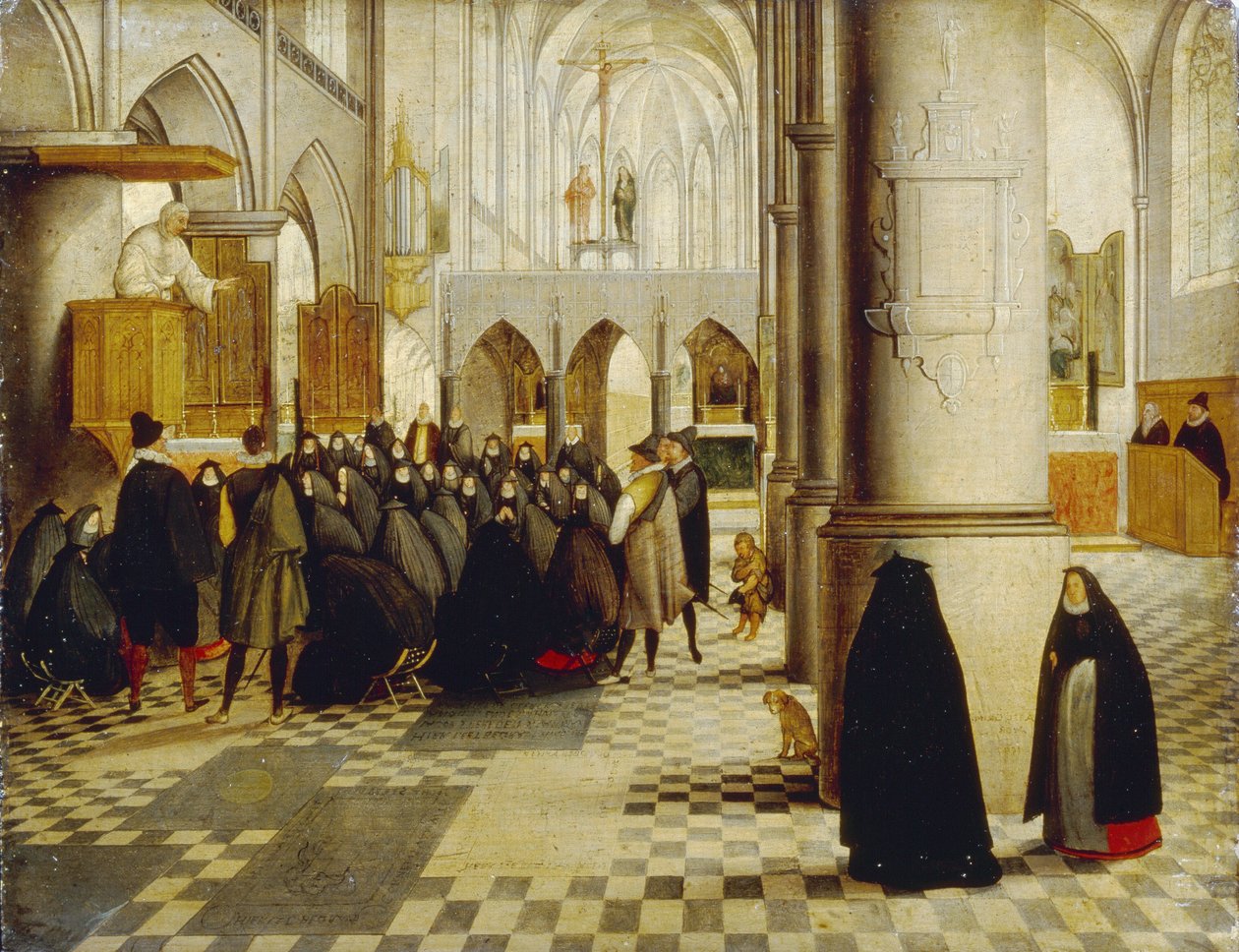 Gudstjänst. Målning av Abel Grimmer (1570-1619), olja på trä av Abel Grimmer or Grimer
