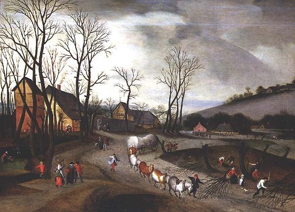Vinterlandskap med bönder som pollar av Abel Grimmer or Grimer