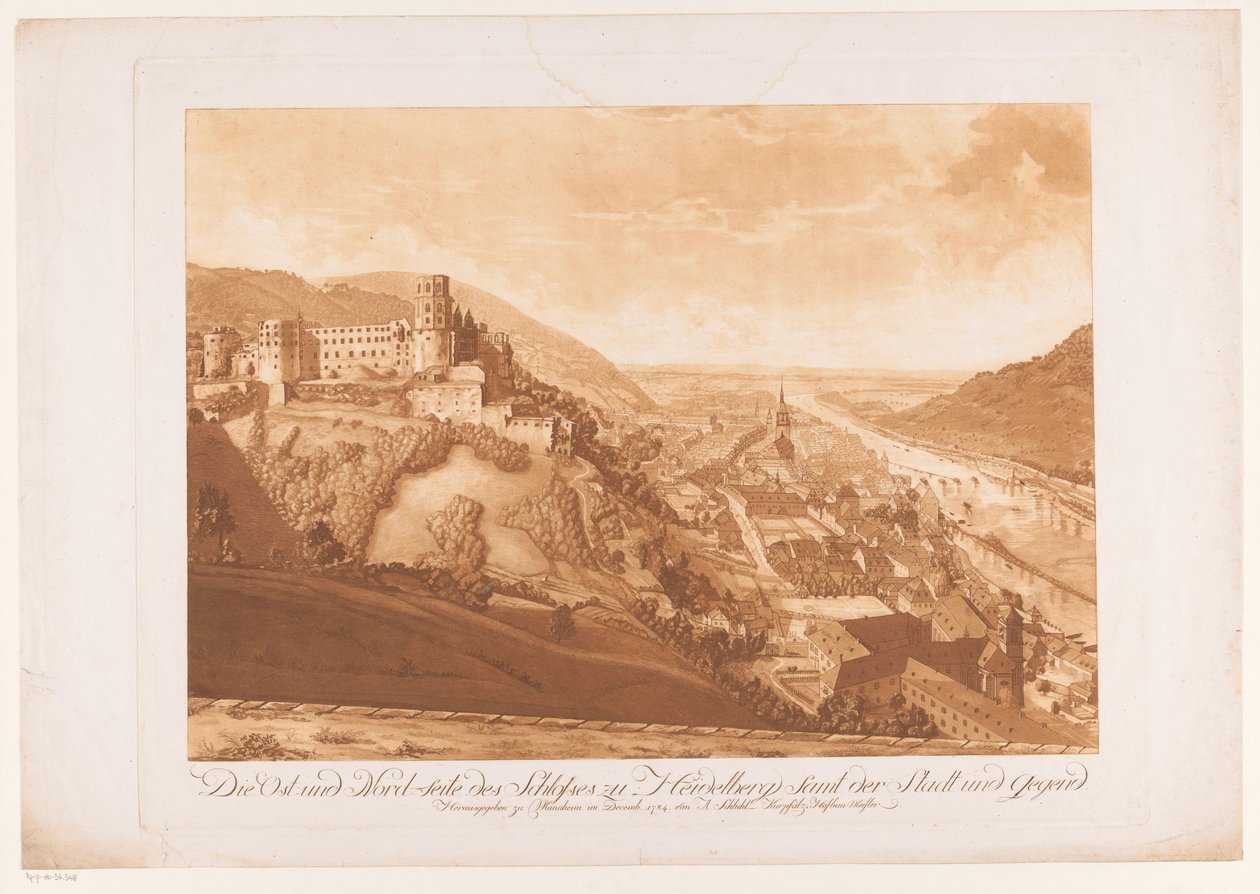 Utsikt från norr om Heidelberg med Heidelbergs slott till vänster Den östra och norra sidan av Heidelbergs slott, inklusive staden och området (titel på objektet) av Abel Schlicht