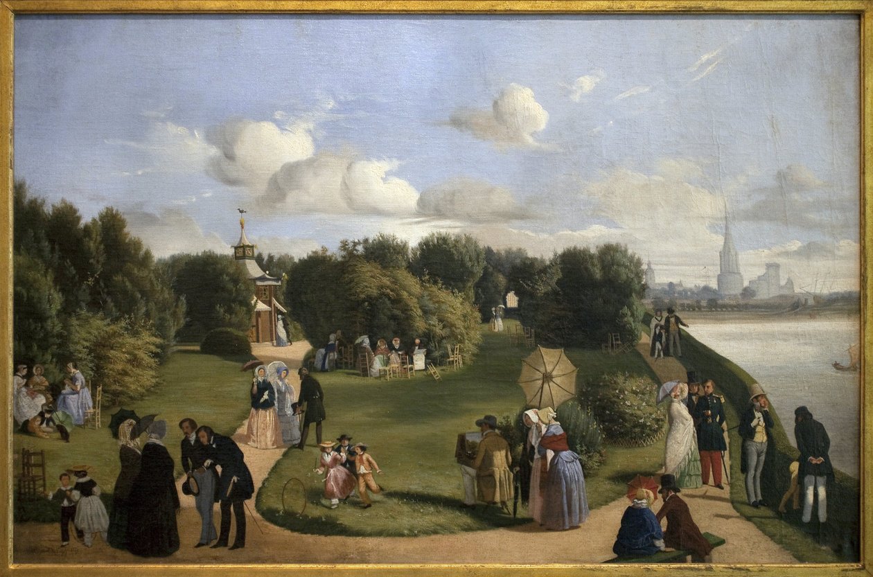 Utsikt över Rochelle (badets trädgård Marie Therese). Borgerlighetens karaktärer i en park: par som pratar på en bänk, män som hälsar damer, barn som leker med en båge... Målning av Alexandre Abel de Pujol (1785-1861), Olja på duk av Abel de Pujol