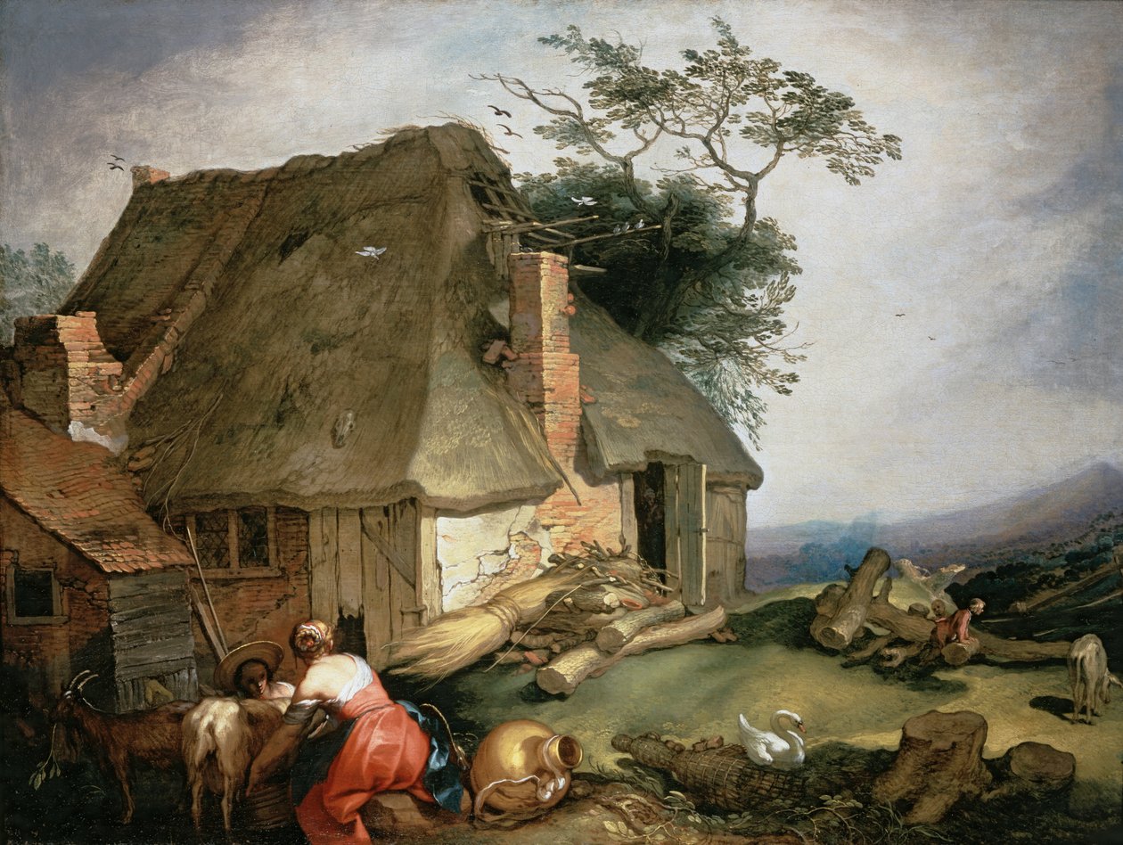 En stuga med bönder som mjölkar getter av Abraham Bloemaert
