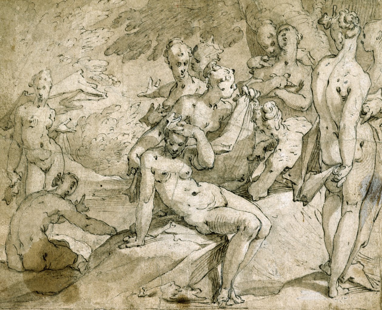 nr. 3146 Diana og Callisto, ca. 1595, (blæk og vask) svenske av Abraham Bloemaert